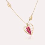 Leaves Gold Necklace Heart with Colored Stones