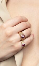 Classic Diamond Ring with Colored Stone - Image 2