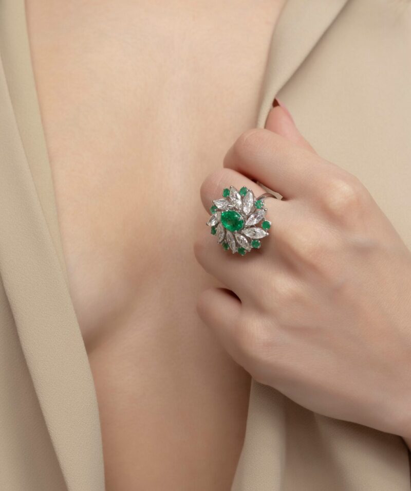 Classic Diamond Ring with Emerald - Image 2