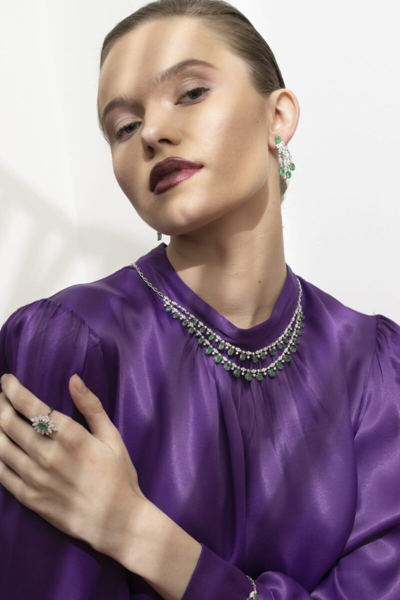 Classic Diamond Earrings with Emerald - Image 2