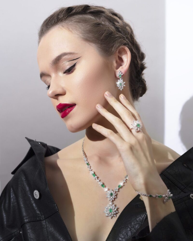 Classic Diamond Earrings with Emerald - Image 2
