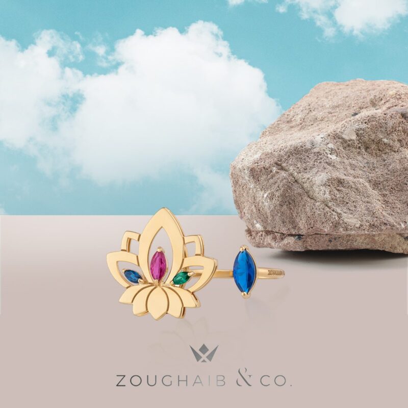 Lotus Gold Ring with Colored Stones - Image 2