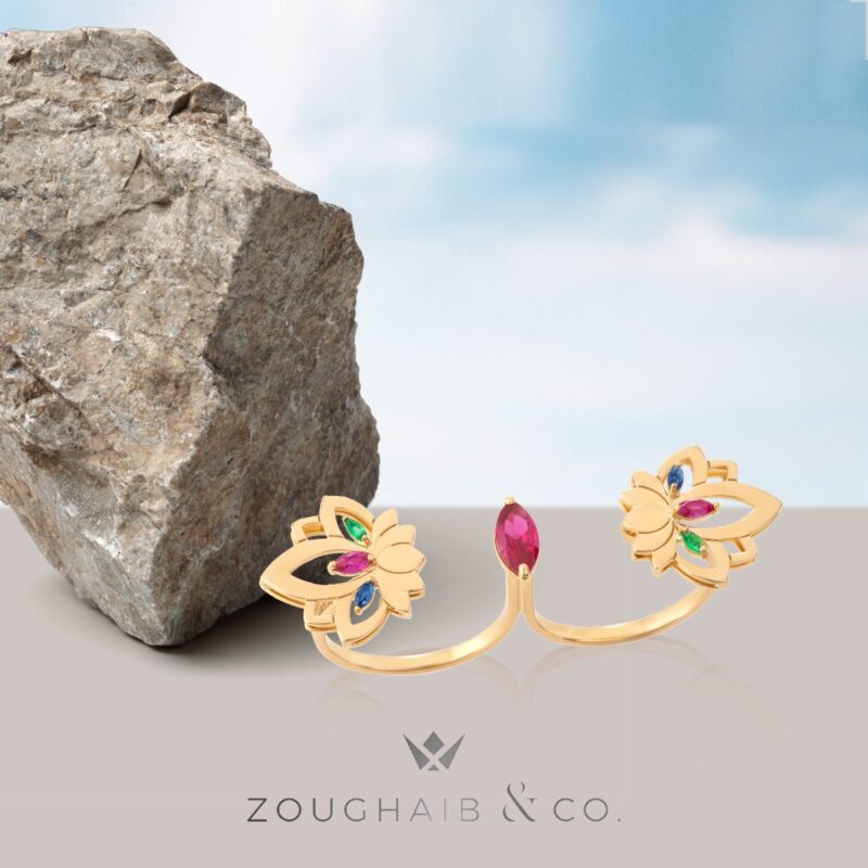 Lotus Gold Ring with Colored Stones - Image 2