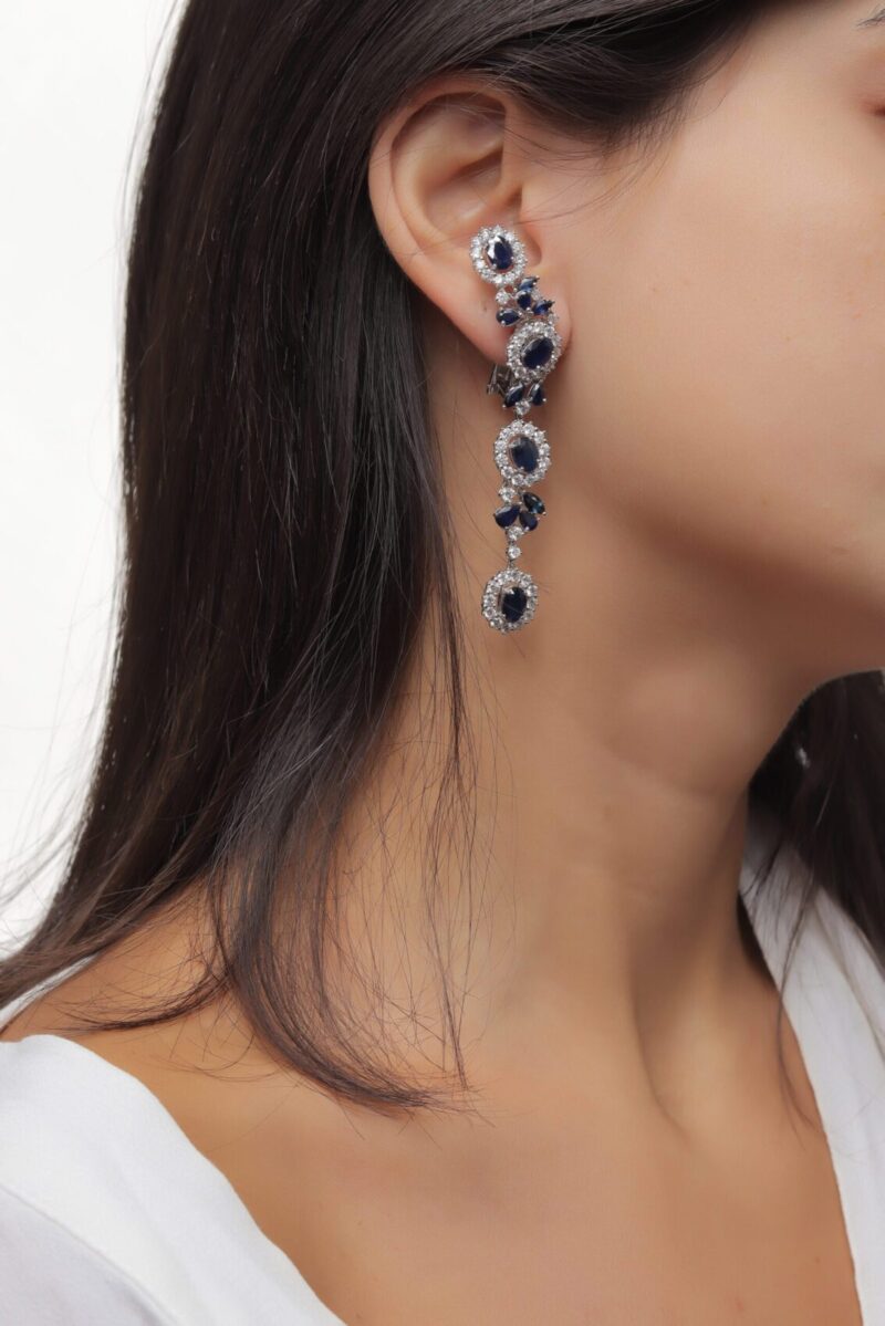 Classic Diamond Earrings with Sapphire - Image 2