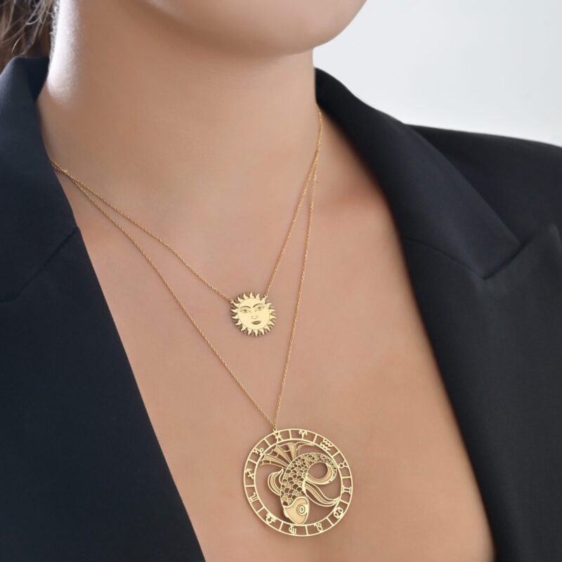 Zodiac Gold Necklace Pisces and Sun Face - Image 2