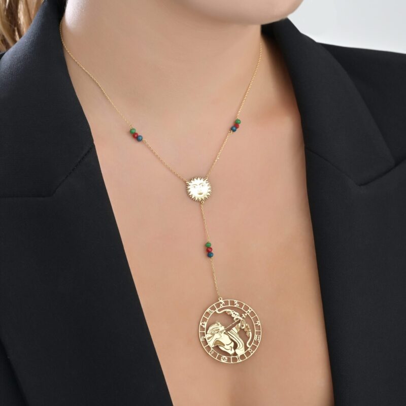 Zodiac Gold  Sagittarius and Sun Face Necklace - Image 2