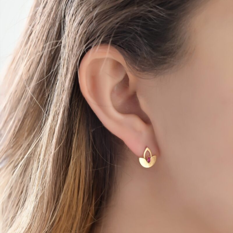 Lotus Gold Earrings with Colored Stones - Image 2