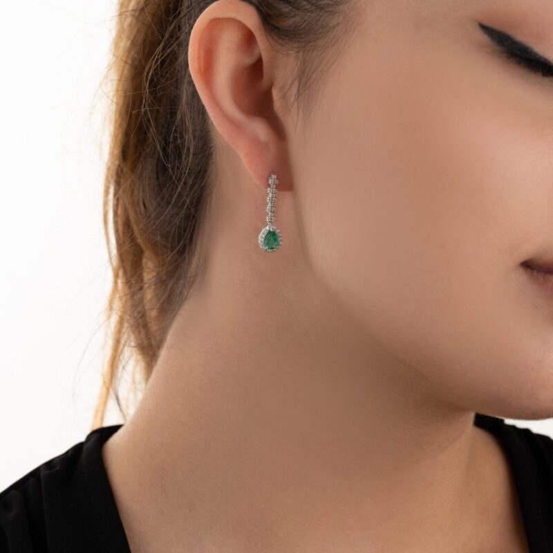 Classic Diamond Earrings with Emerald - Image 2
