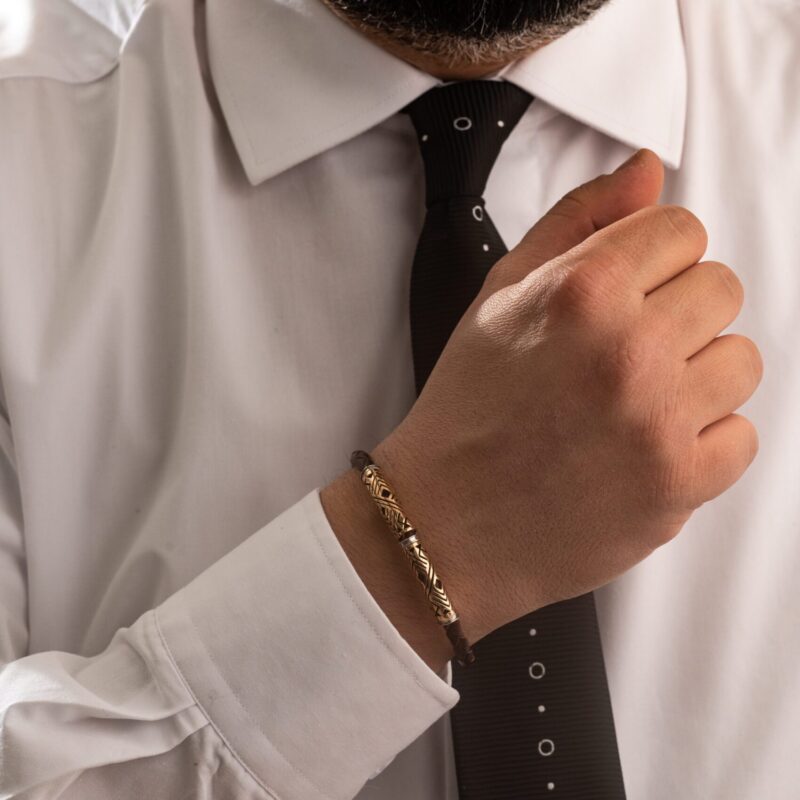 Men Gold Bracelet with Leather - Image 2