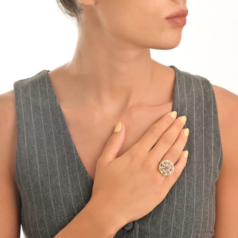 Spider Web Gold Ring with Colored Stone - Image 2