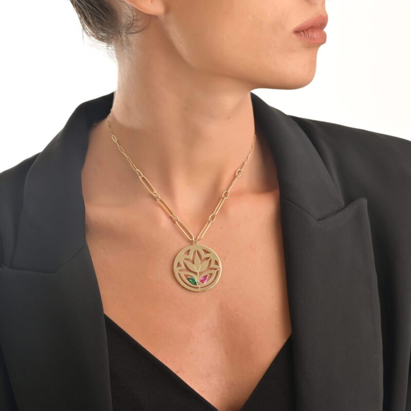 Lotus Gold Necklace with colored stones - Image 2