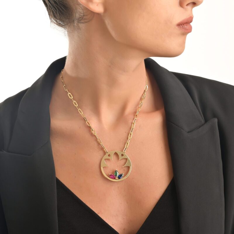 Lotus Gold Necklace with colored stones - Image 2