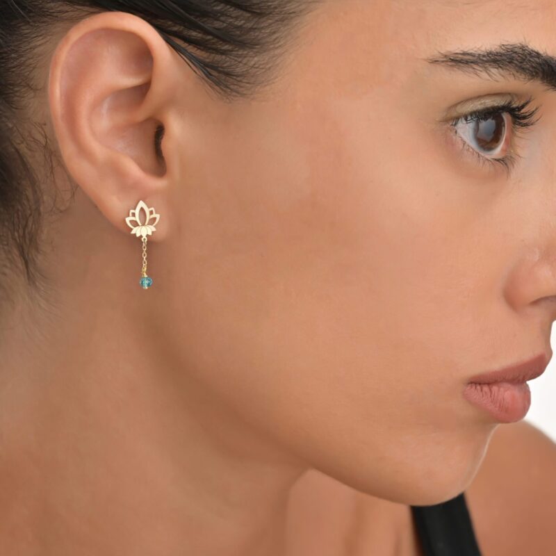 Lotus Gold Earrings with Colored Stones - Image 2