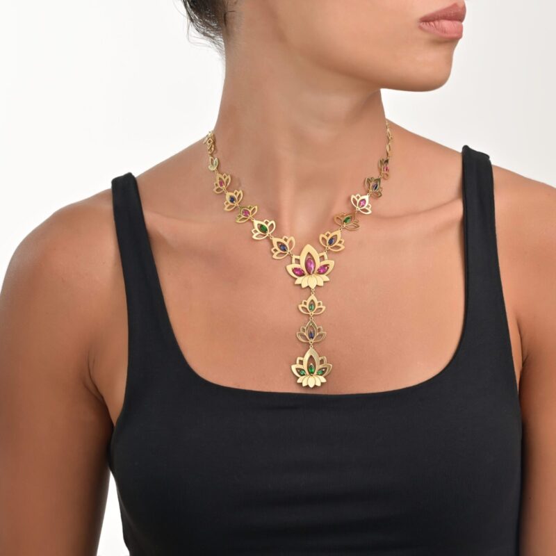 Lotus Gold Necklace with colored stones - Image 2